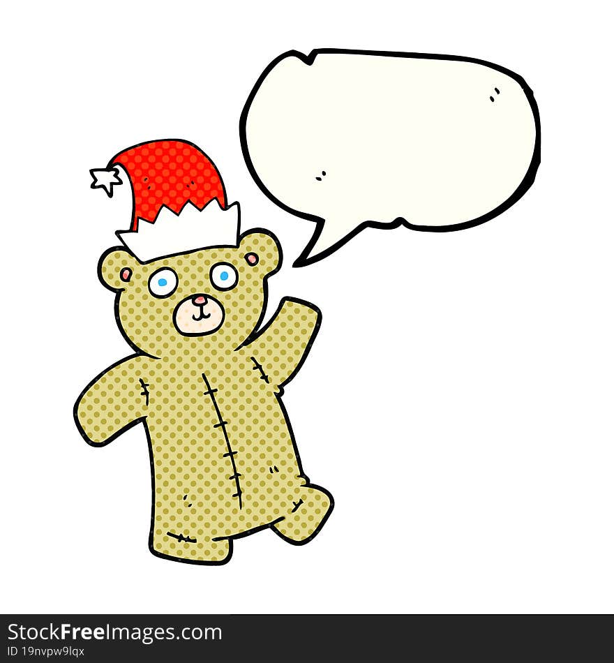 freehand drawn comic book speech bubble cartoon teddy bear wearing christmas hat