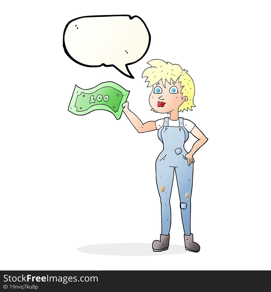 speech bubble cartoon confident farmer woman with money