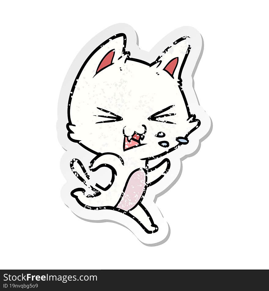 distressed sticker of a cartoon cat hissing