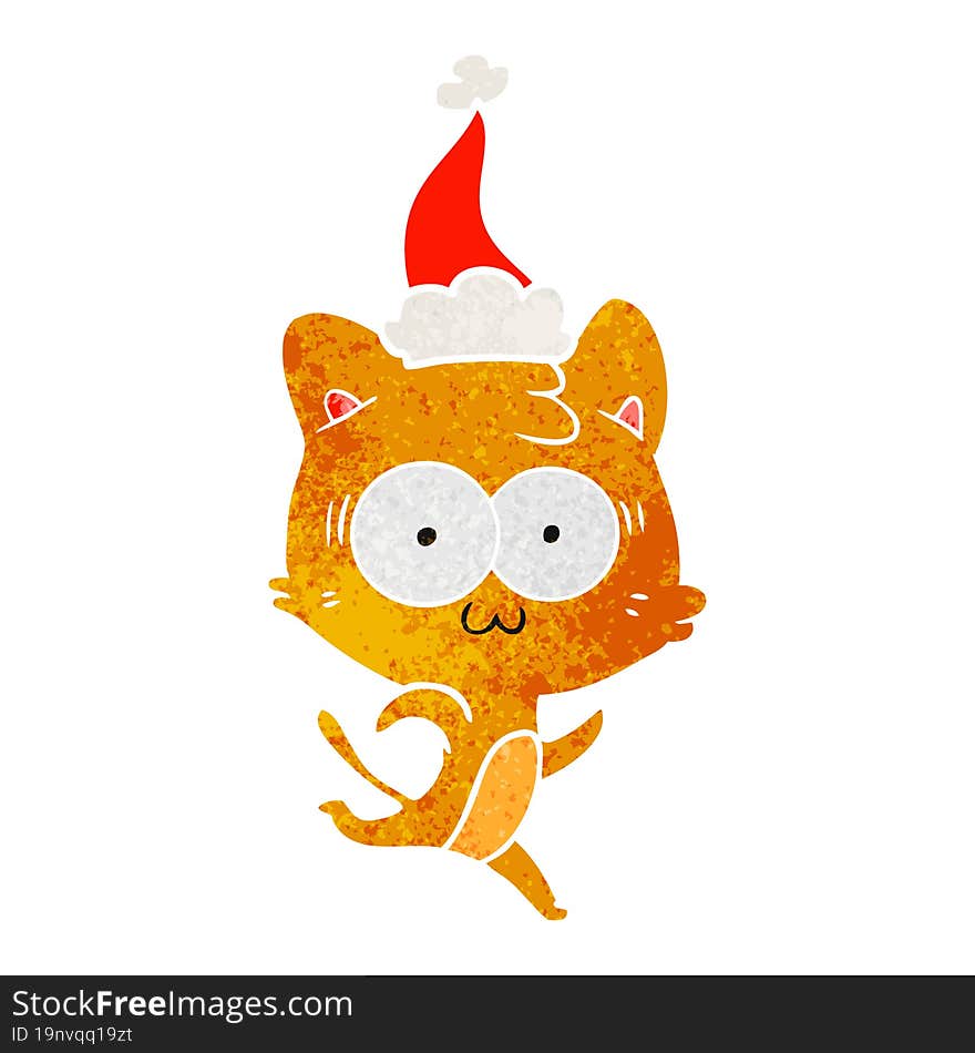 retro cartoon of a surprised cat running wearing santa hat