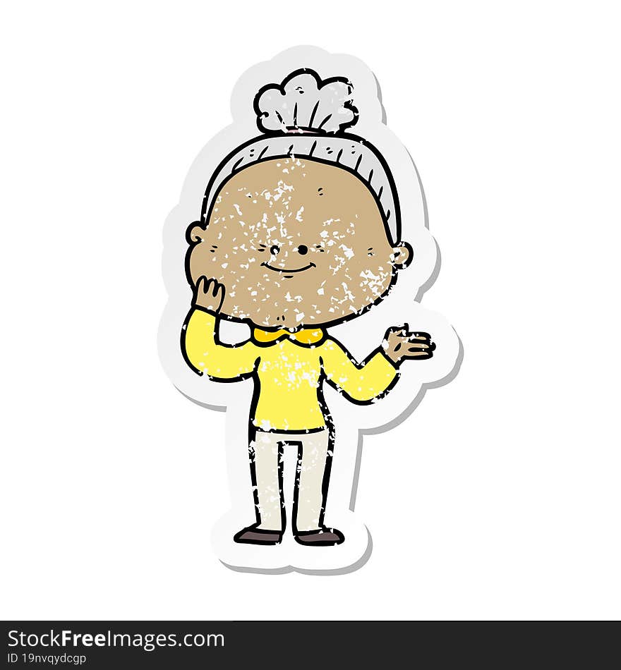 distressed sticker of a cartoon happy old woman