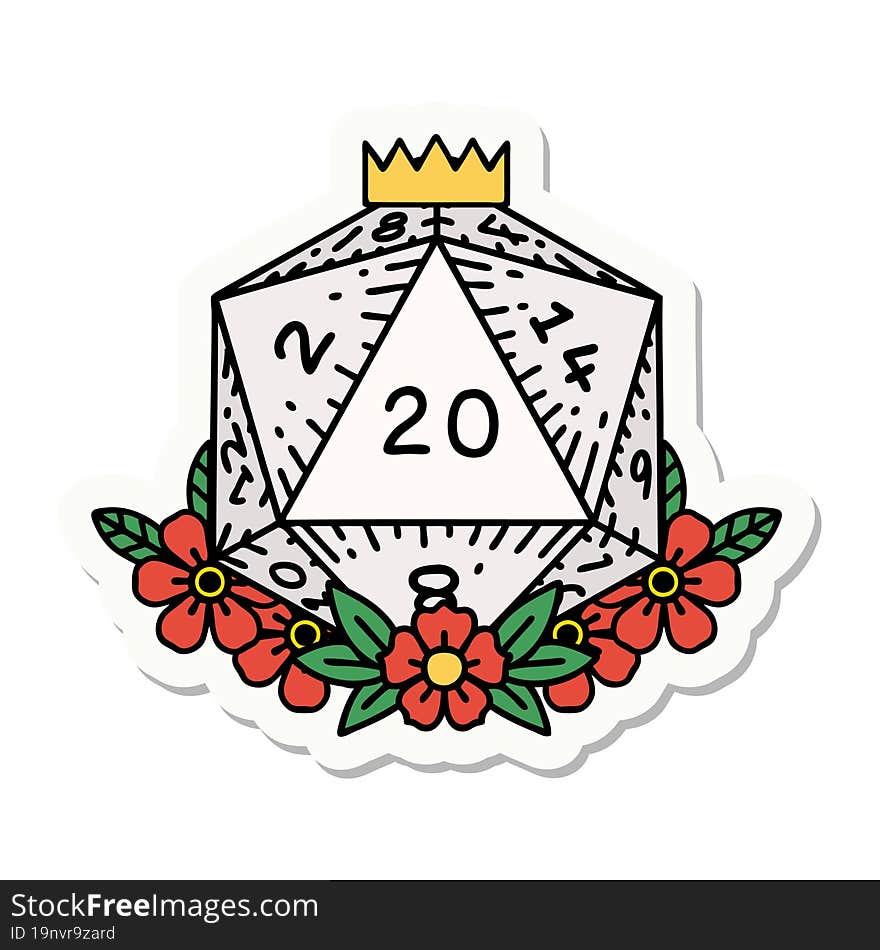 sticker of a natural 20 D20 dice roll with floral elements. sticker of a natural 20 D20 dice roll with floral elements