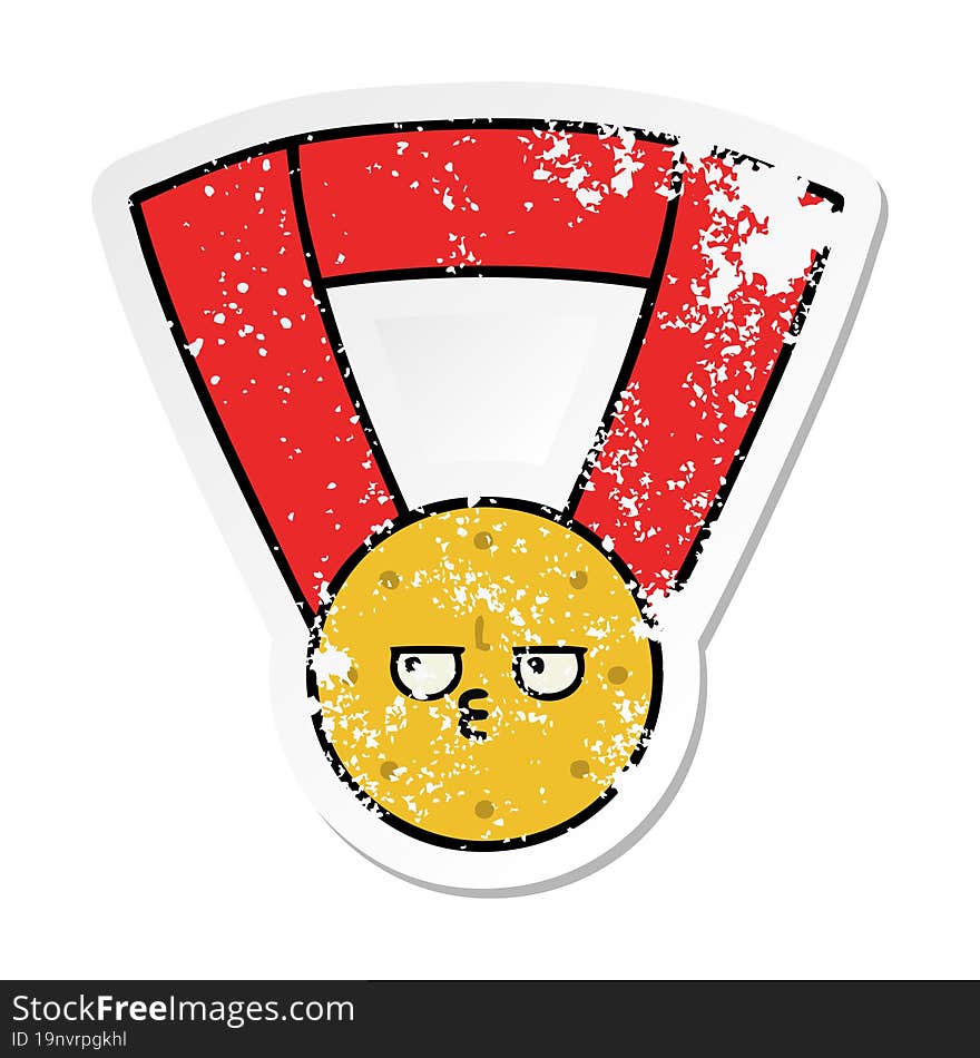 distressed sticker of a cute cartoon gold medal