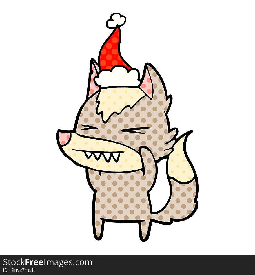 angry wolf comic book style illustration of a wearing santa hat