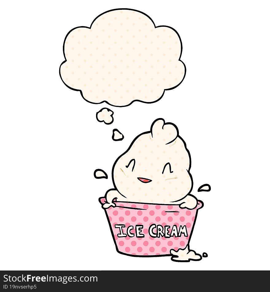 cute cartoon ice cream and thought bubble in comic book style