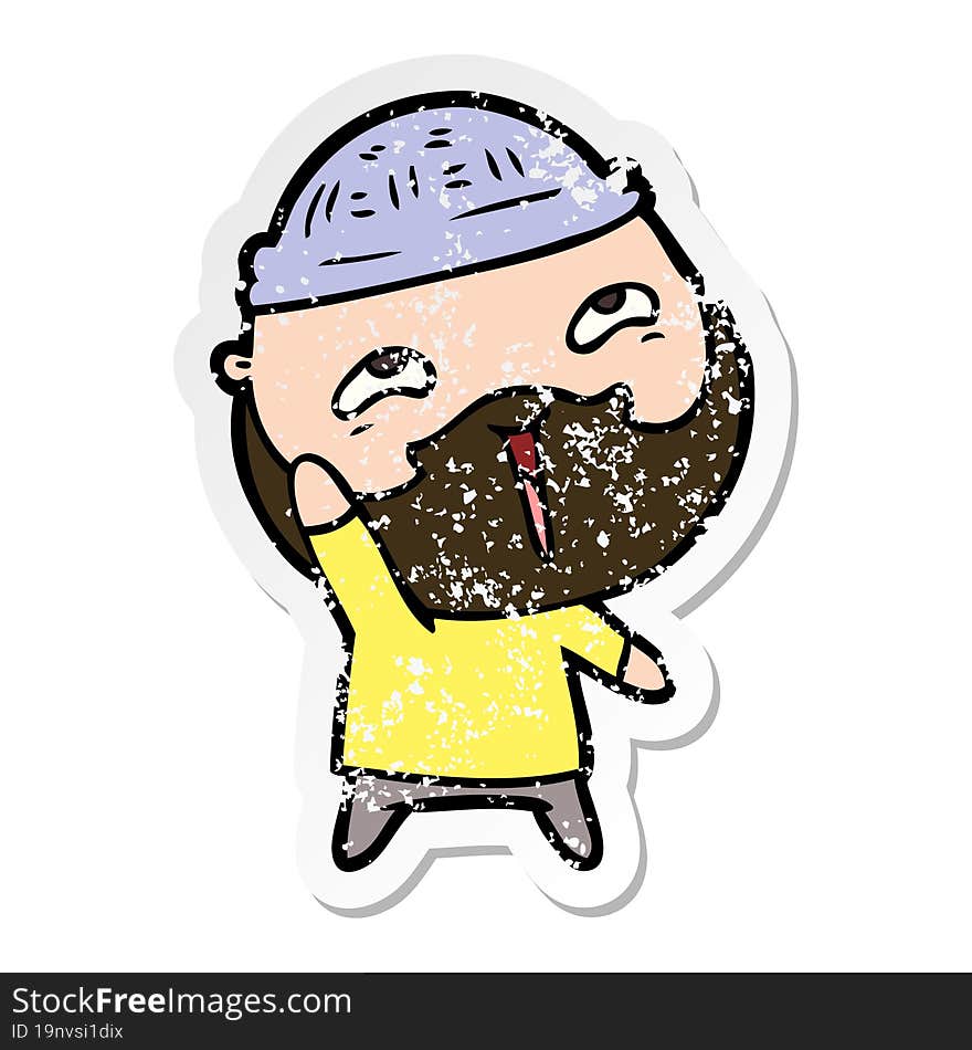 distressed sticker of a cartoon happy bearded man