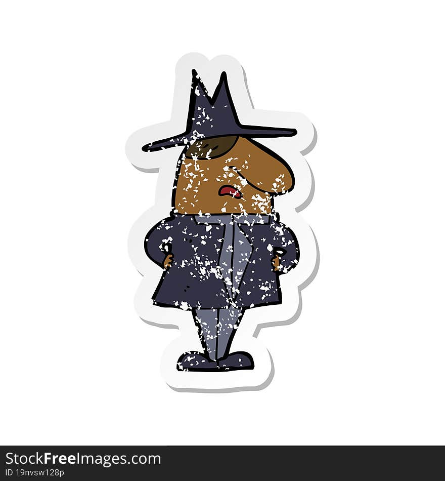 retro distressed sticker of a cartoon man in coat and hat