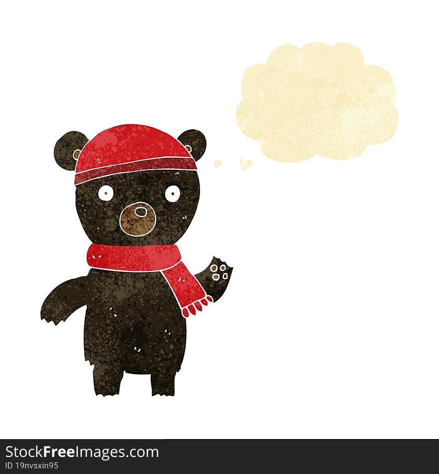 cartoon waving black bear with thought bubble