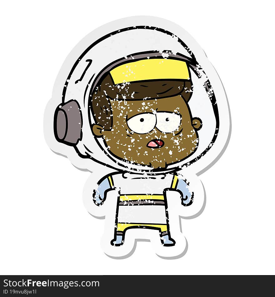 distressed sticker of a cartoon tired astronaut