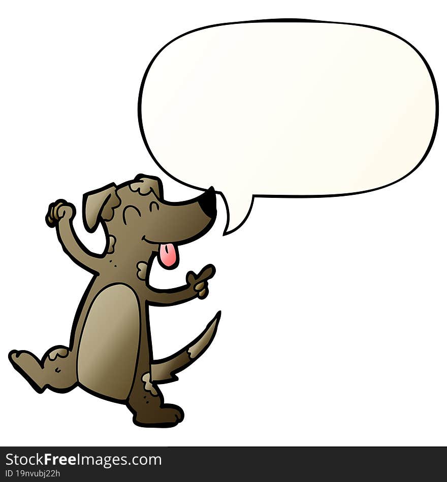 cartoon dancing dog and speech bubble in smooth gradient style