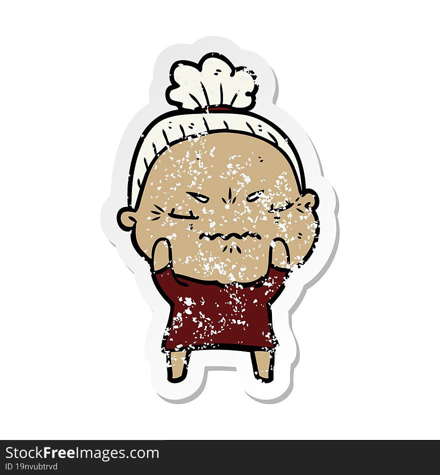 distressed sticker of a cartoon annoyed old lady