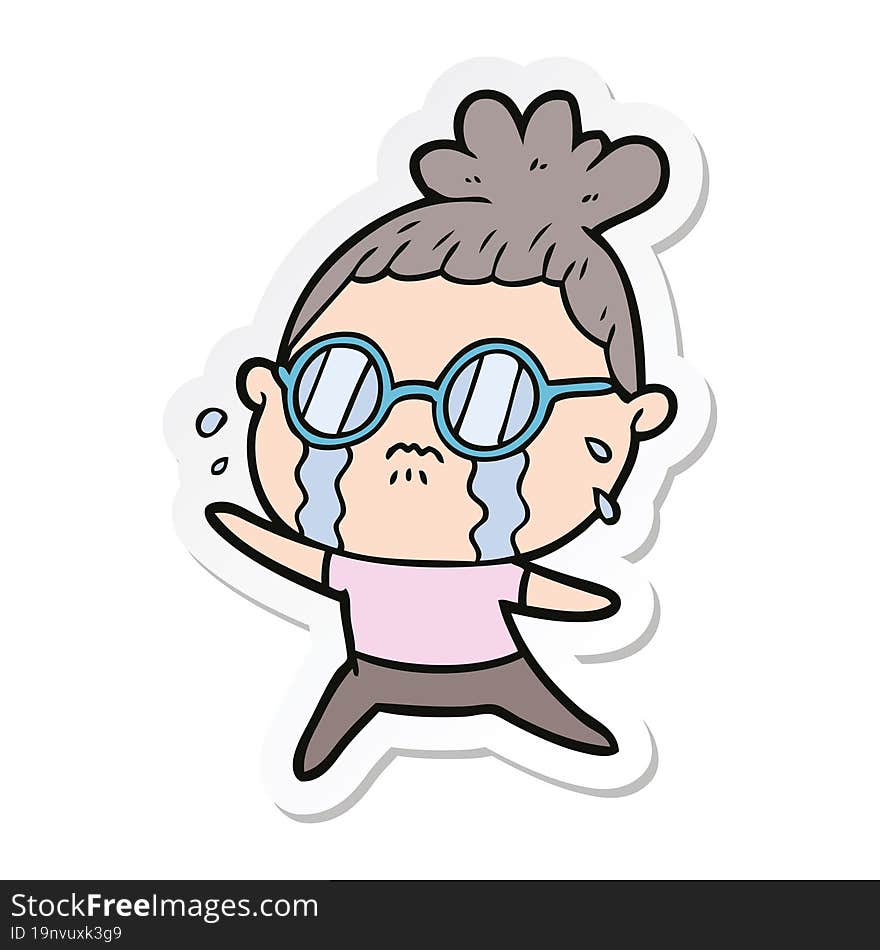 sticker of a cartoon crying woman wearing spectacles