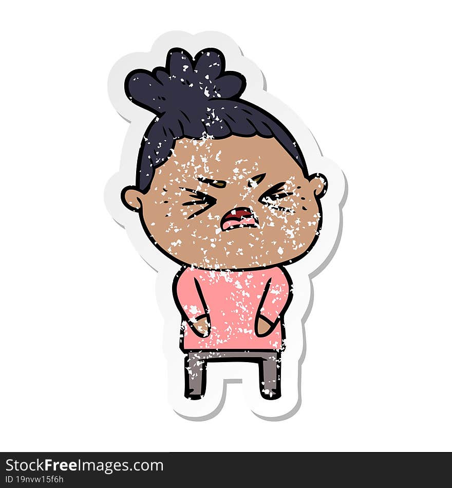 distressed sticker of a cartoon angry woman