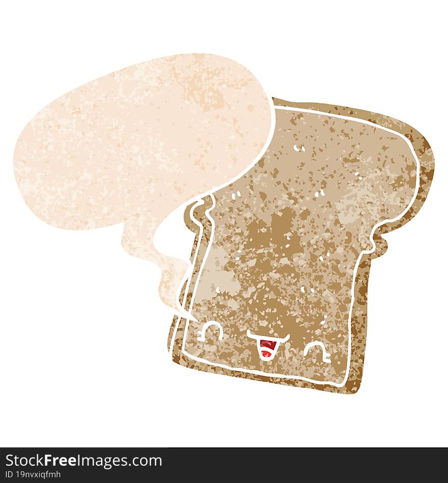 Cute Cartoon Slice Of Bread And Speech Bubble In Retro Textured Style