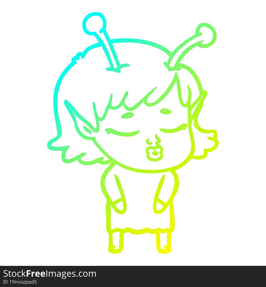 Cold Gradient Line Drawing Cute Alien Girl Cartoon