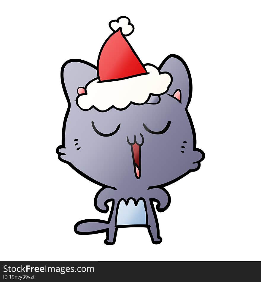 Gradient Cartoon Of A Cat Singing Wearing Santa Hat