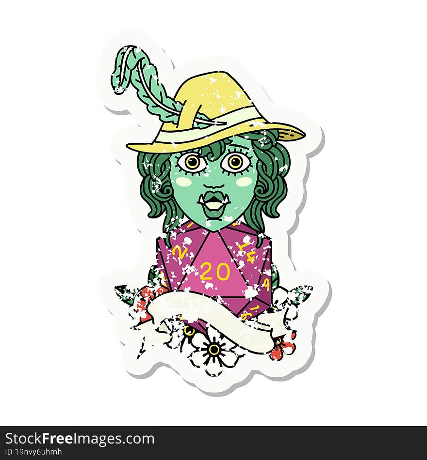 singing half orc bard character with natural twenty dice roll grunge sticker