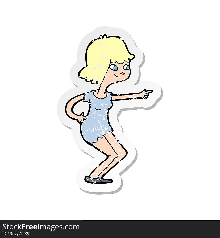 retro distressed sticker of a cartoon girl pointing