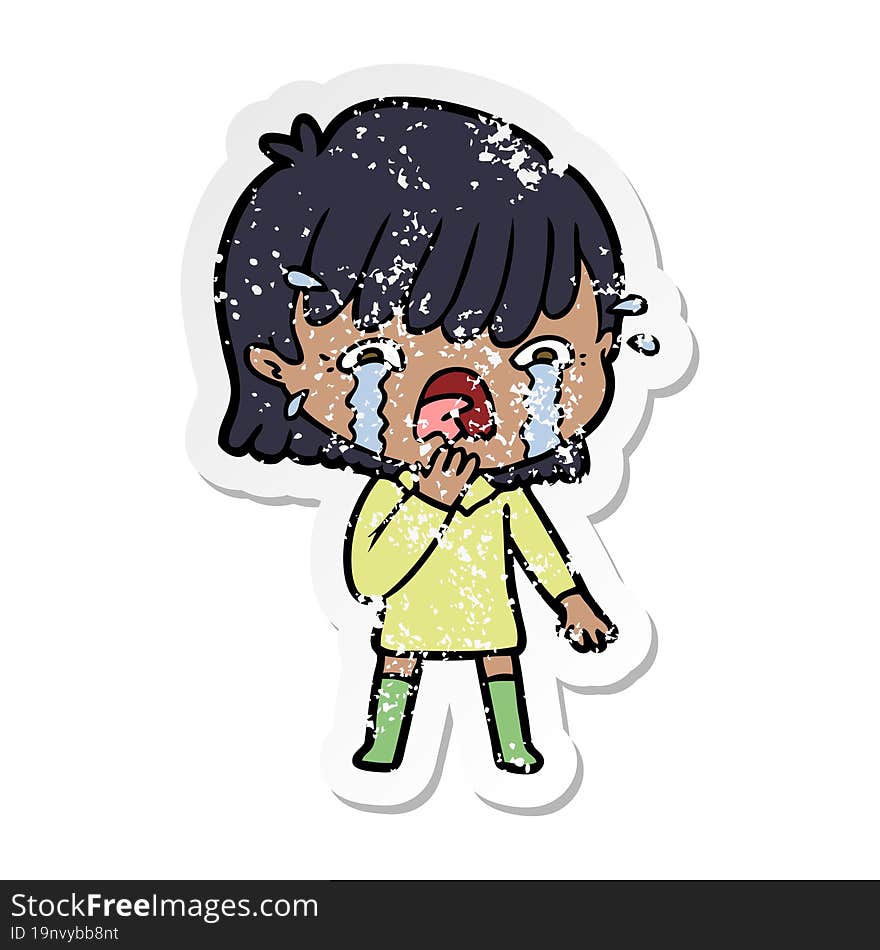 distressed sticker of a cartoon girl crying