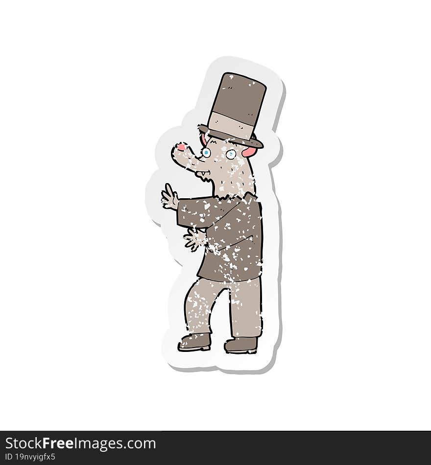 retro distressed sticker of a cartoon werewolf in top hat