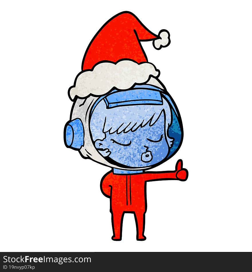 textured cartoon of a pretty astronaut girl giving thumbs up wearing santa hat