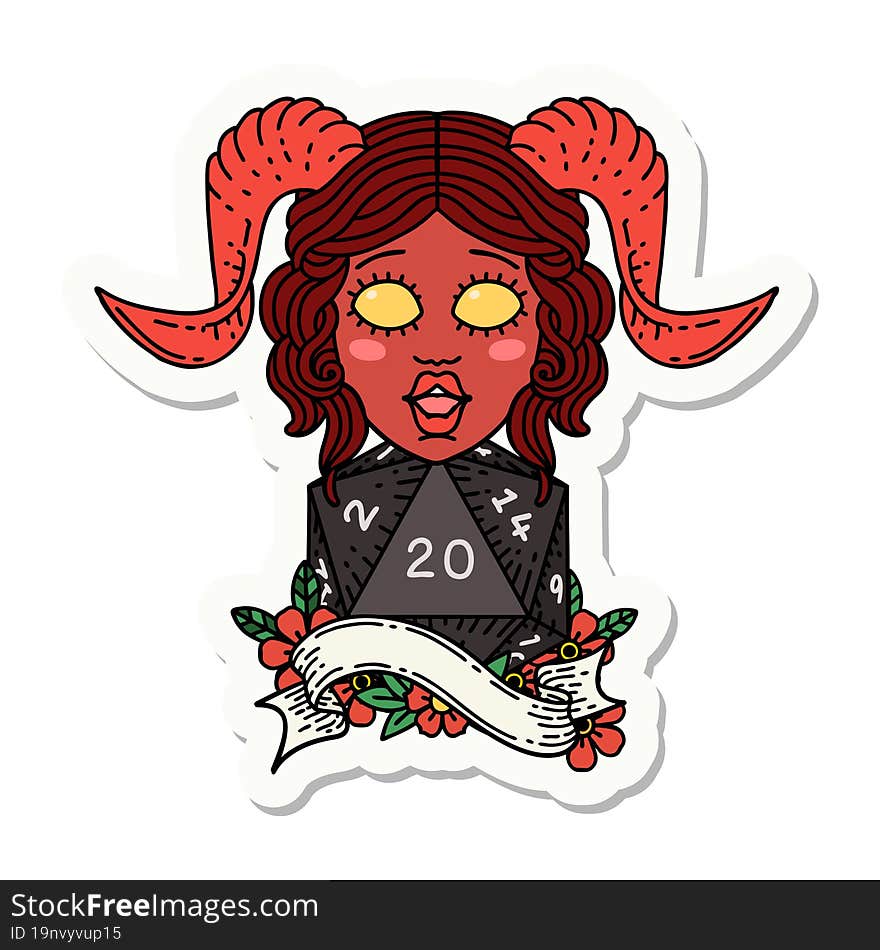 sticker of a tiefling with natural twenty dice roll. sticker of a tiefling with natural twenty dice roll