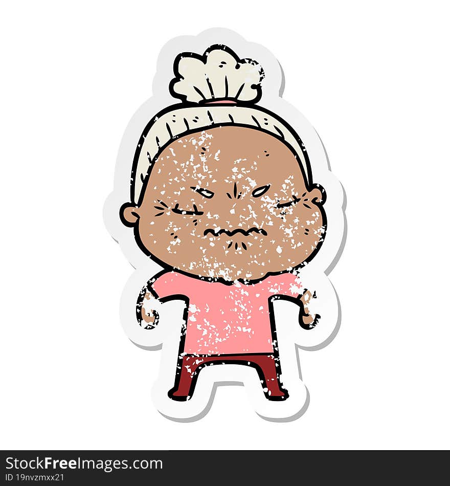 distressed sticker of a cartoon annoyed old lady