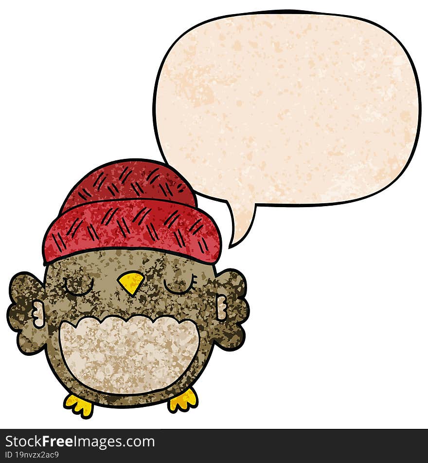 cute cartoon owl in hat and speech bubble in retro texture style