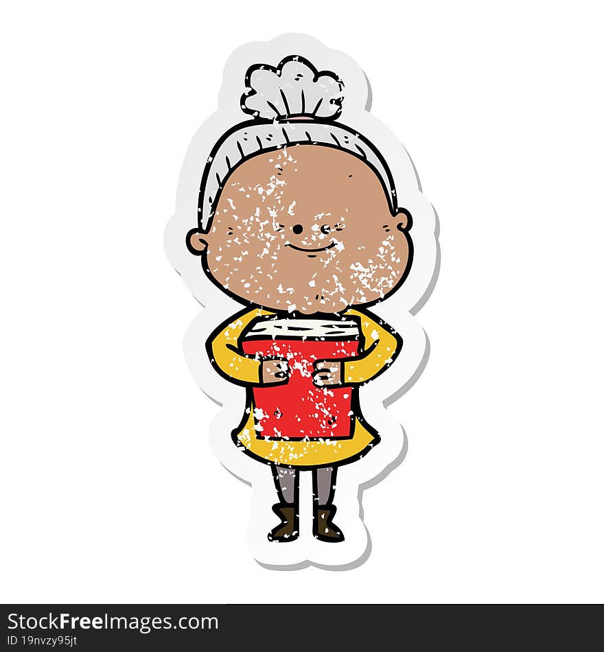 distressed sticker of a cartoon happy old woman