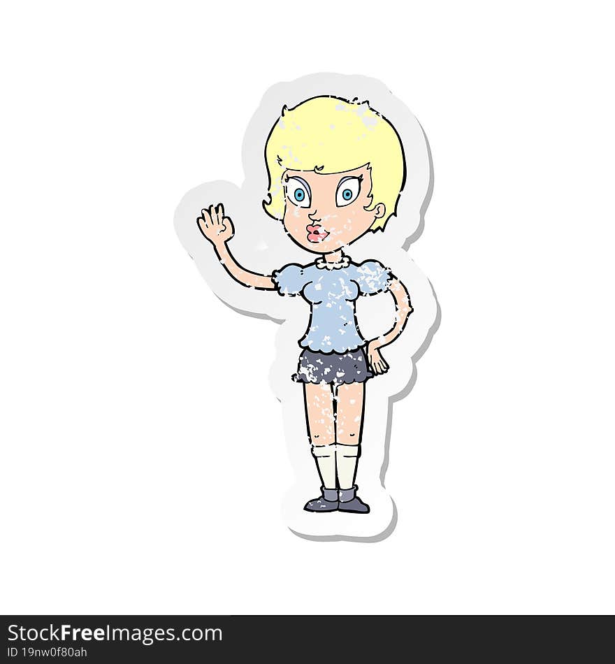 retro distressed sticker of a cartoon pretty girl waving