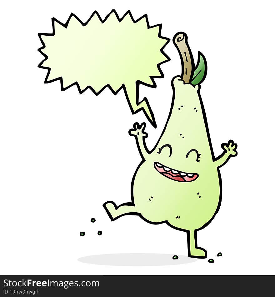 cartoon happy dancing pear with speech bubble