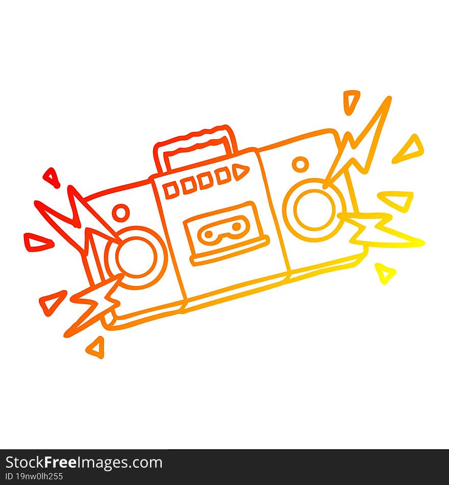 warm gradient line drawing of a retro cartoon tape cassette player blasting out old rock tunes