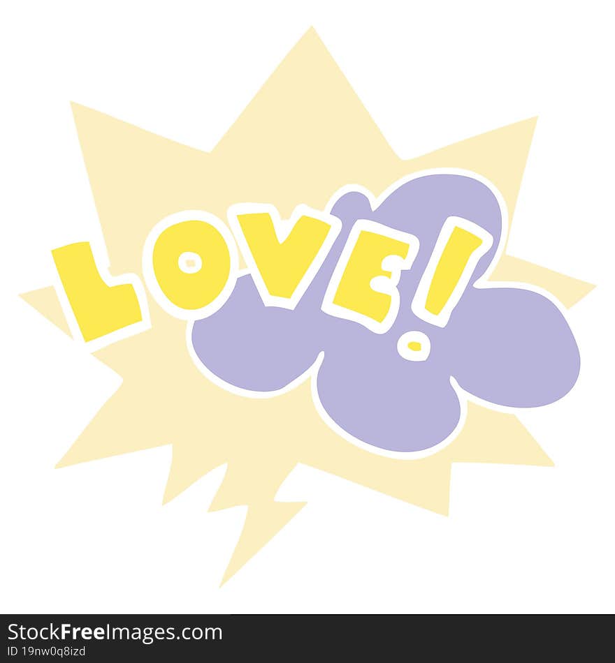 cartoon word love with speech bubble in retro style