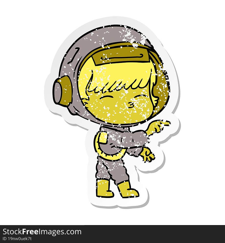 distressed sticker of a cartoon curious astronaut