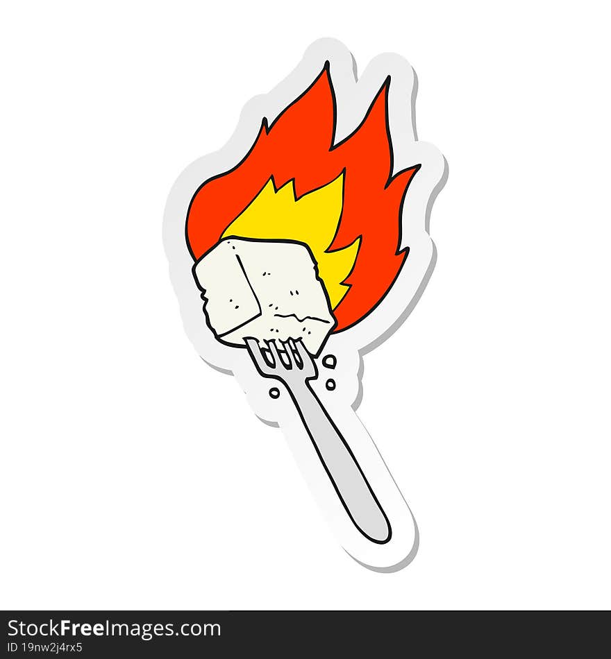 sticker of a cartoon flaming tofu on fork