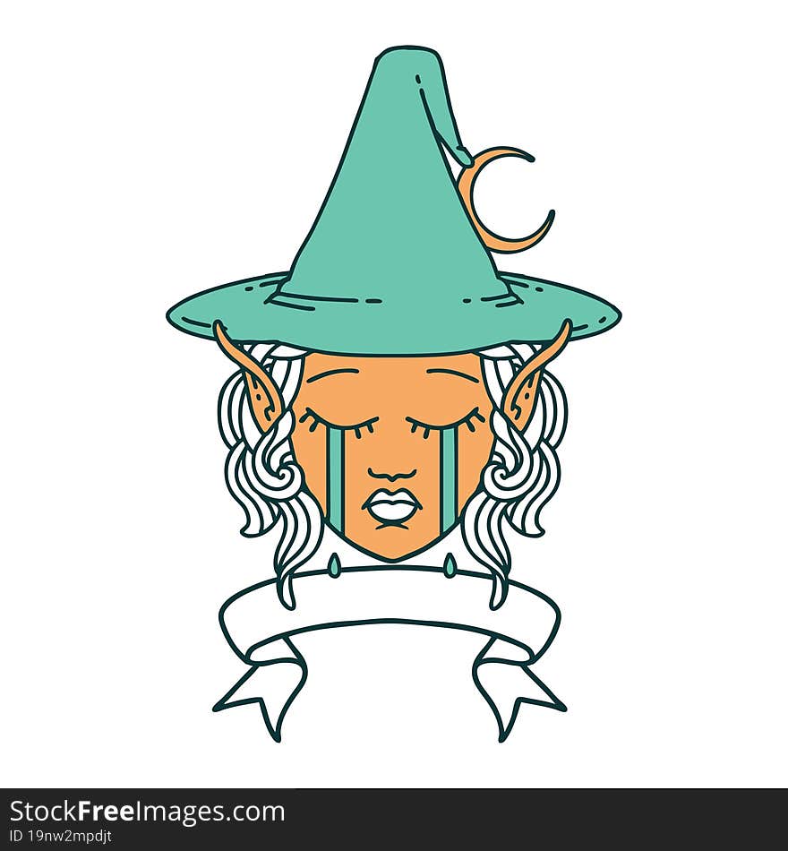 Retro Tattoo Style crying elf mage character face wiht banner. Retro Tattoo Style crying elf mage character face wiht banner