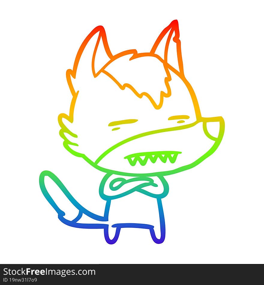 rainbow gradient line drawing of a cartoon wolf showing teeth