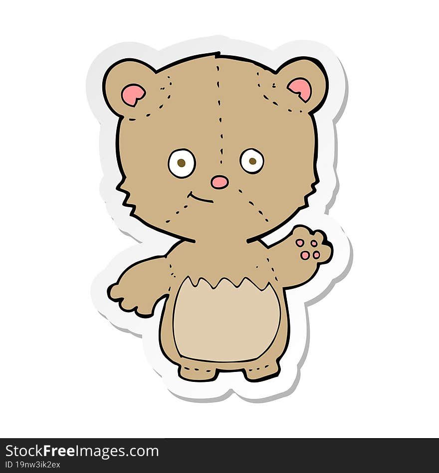 Sticker Of A Cartoon Little Teddy Bear Waving