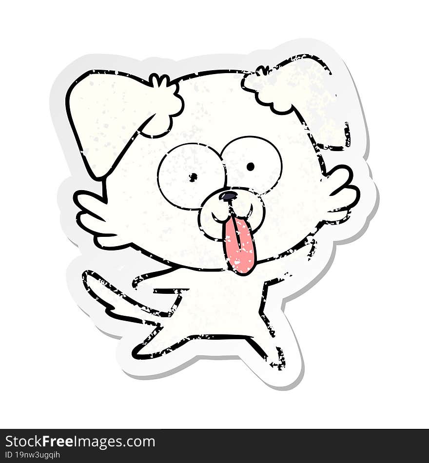 distressed sticker of a cartoon dog with tongue sticking out