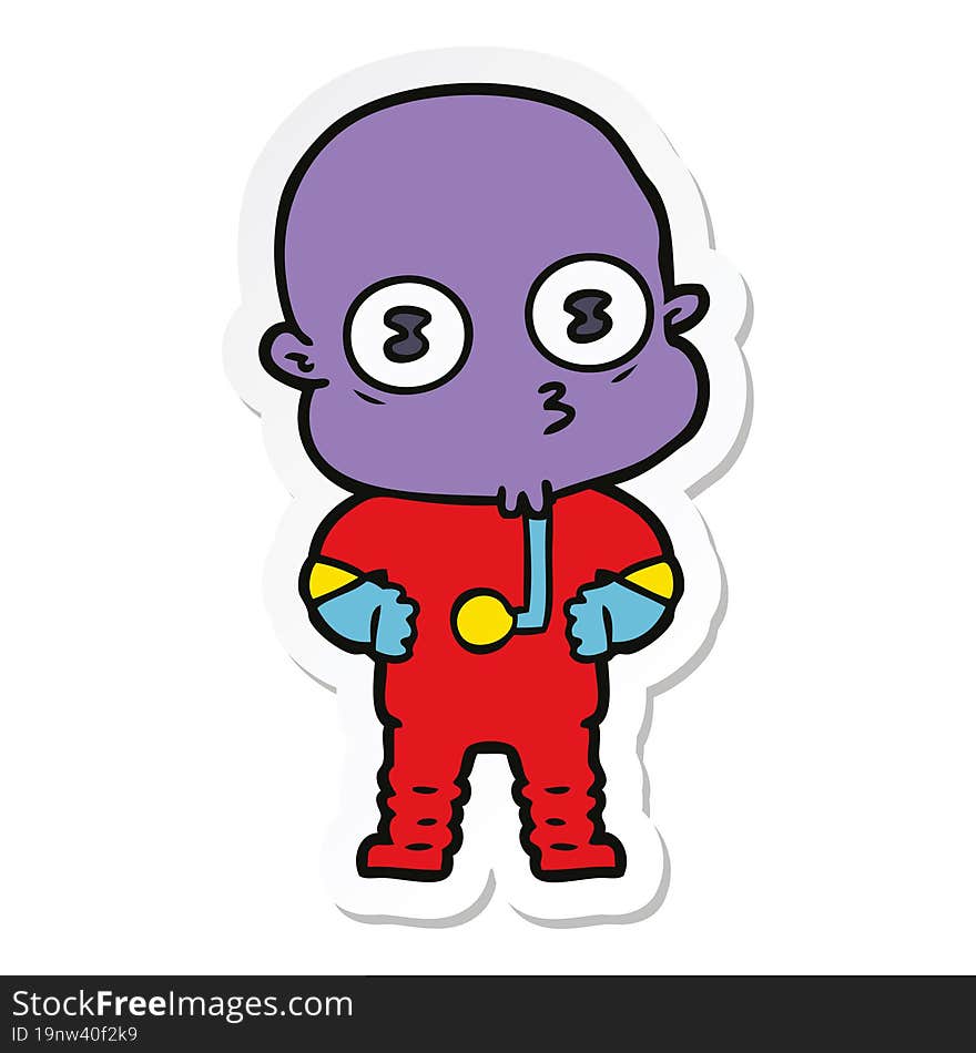 sticker of a cartoon weird bald spaceman