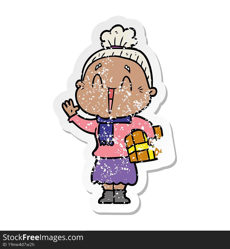 distressed sticker of a cartoon happy old lady