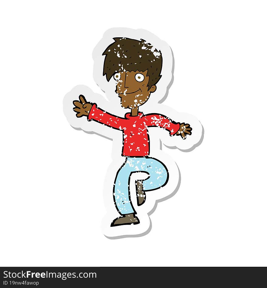 retro distressed sticker of a cartoon happy man dancing