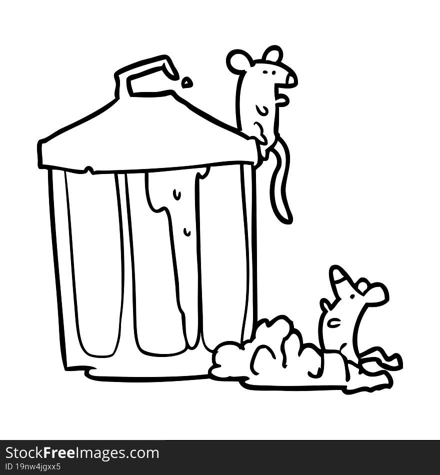 line drawing of a old metal garbage can with mice. line drawing of a old metal garbage can with mice