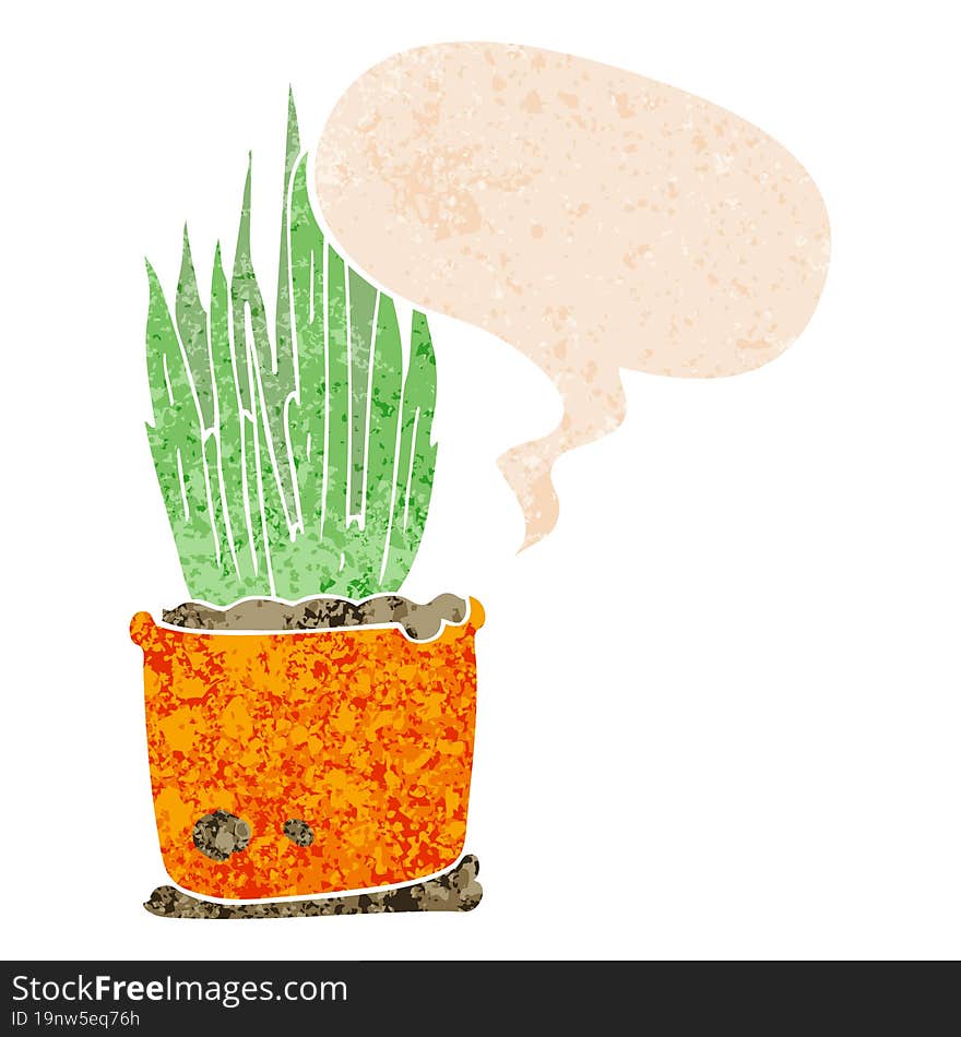 Cartoon House Plant And Speech Bubble In Retro Textured Style