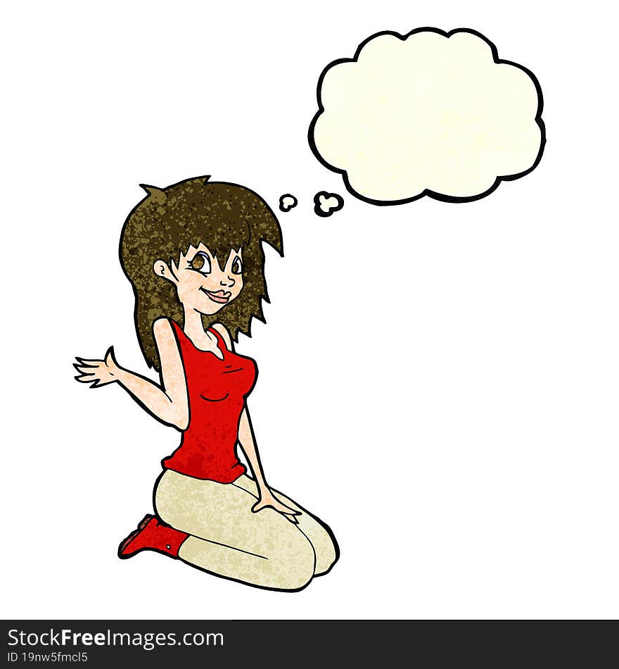 cartoon pretty girl waving with thought bubble