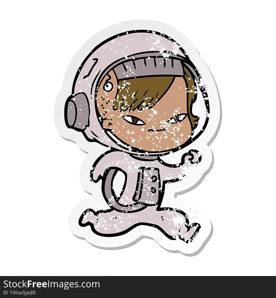 Distressed Sticker Of A Cartoon Astronaut Woman