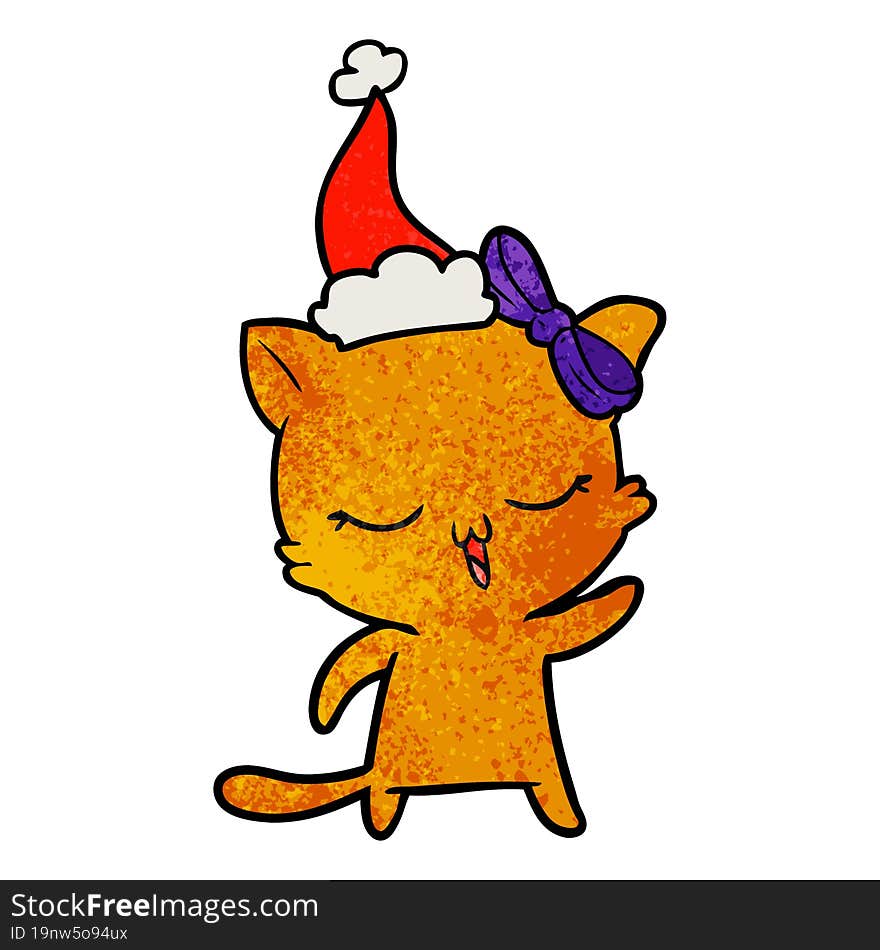 Textured Cartoon Of A Cat With Bow On Head Wearing Santa Hat