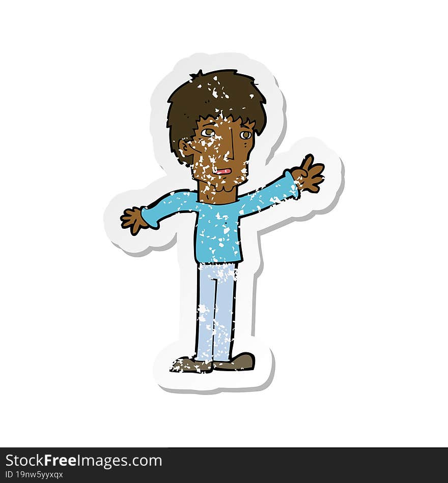 retro distressed sticker of a cartoon worried man reaching out