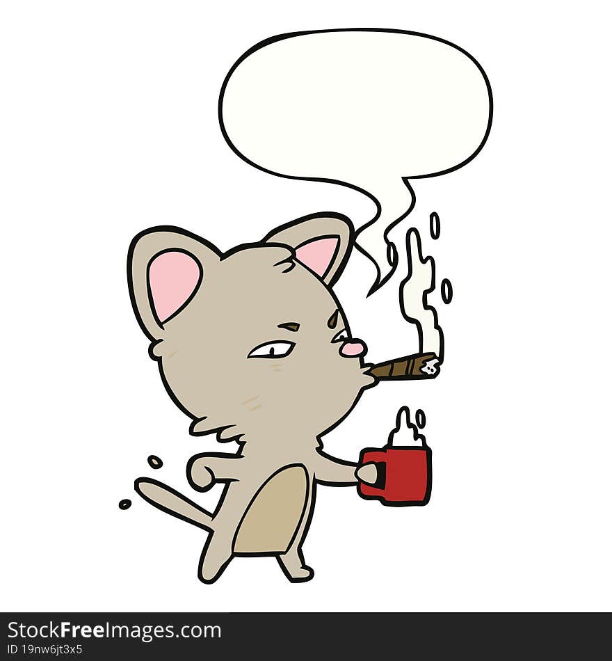 Cartoon Serious Business Cat And Coffee And Cigar And Speech Bubble