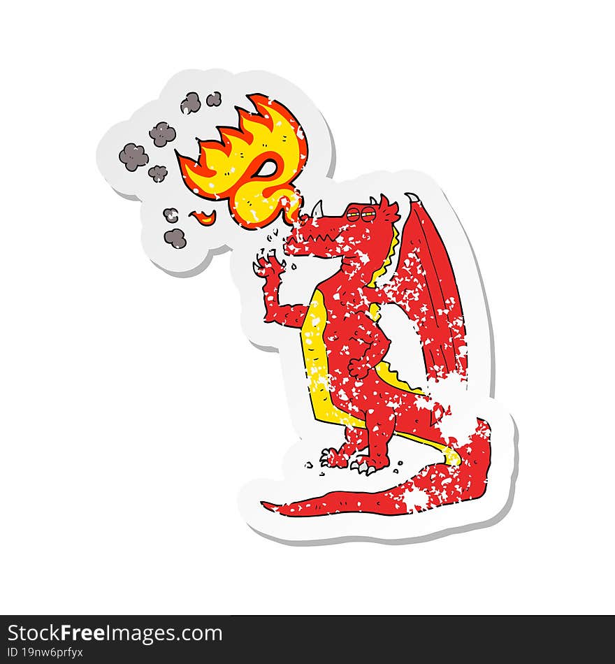 retro distressed sticker of a cartoon happy dragon breathing fire